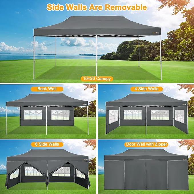HOTEEL 10x20 Heavy Duty Pop Up Canopy Tent with Sidewalls, Commercial Outdoor Canopy Tents for Parties Event Wedding with Roller Bag, Waterproof & UV 50+, Upgraded Thickened Hexagonal Legs, Gray