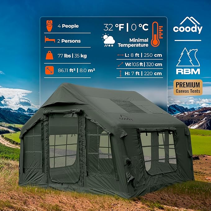 Coody | Rbm Outdoors Koala/Hub/Octopus Inflatable Tents for Camping with Stove Jack, 2/8/10 Person Luxury Canvas Blow Up Tent, 2 Room, Easy Setup Casa de Campaña, Large Inflatable House with Pump