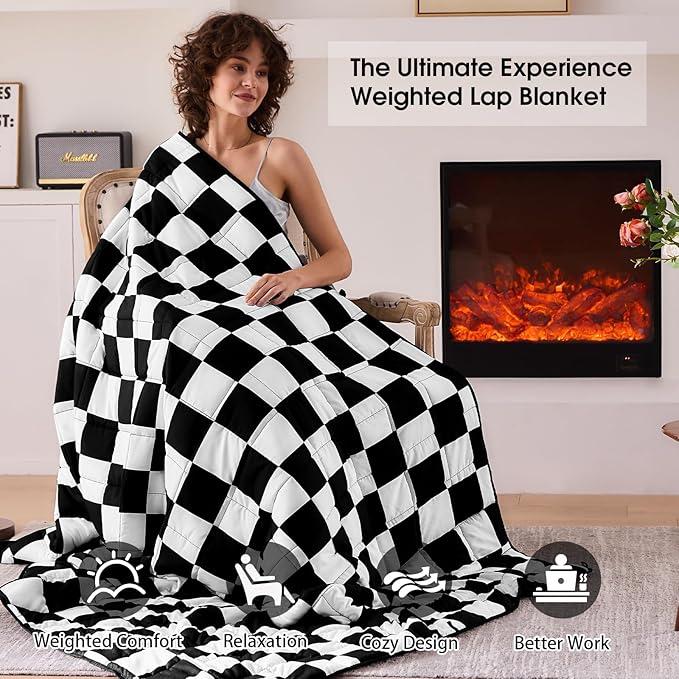 Black Checkered Weighted Blanket for Adults 20lbs, 48"x72" Twin Size, Cooling Heavy Blanket for 130-220lbs with Premium Glass Beads, Soft Thick Big Blankets for All-Season Sleeping Comfort Breathable