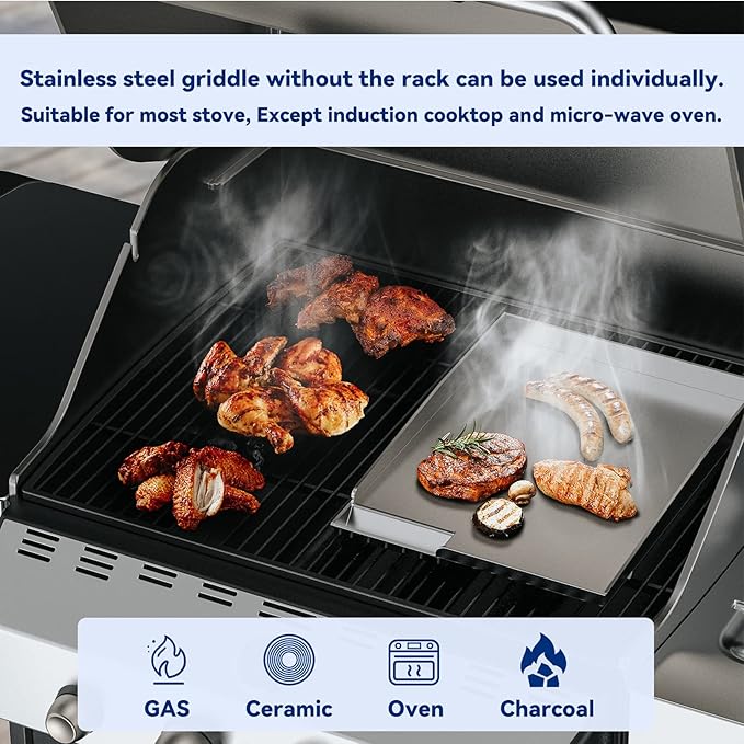 Skyflame Universal Stainless Steel Griddle, Flat Top Gas Grill Griddle Pan with Removable Rack and Raised Lip Edges, Fit for Most Gas Grill with Side Burner and Other Grills, Size 14.5" x 10"
