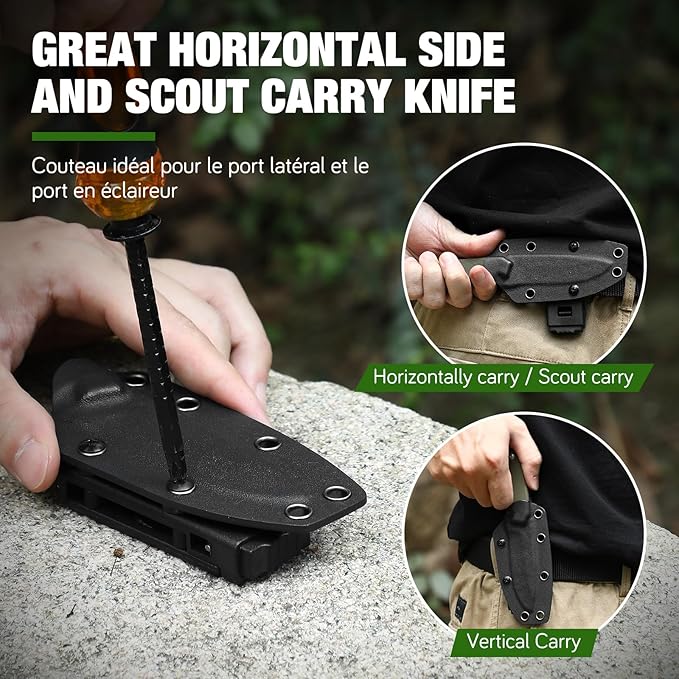 Small Fixed Blade Knife 7 inch Tactical Knife EDC D2 Steel with Kydex Sheath, G10 Handle, Clip Lock and Gift Box, Versatile for Horizontal and Vertical Carry