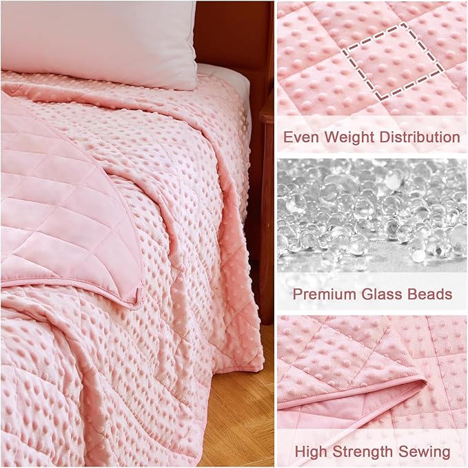 Weighted Blanket for Adults (15lbs, 48"x72" Twin Size) - Minky Heavy Blanket Microfiber for 120-160lbs with Premium Glass Beads - Soft Thick Blanket for All-Season Sleeping Comfort - Pink