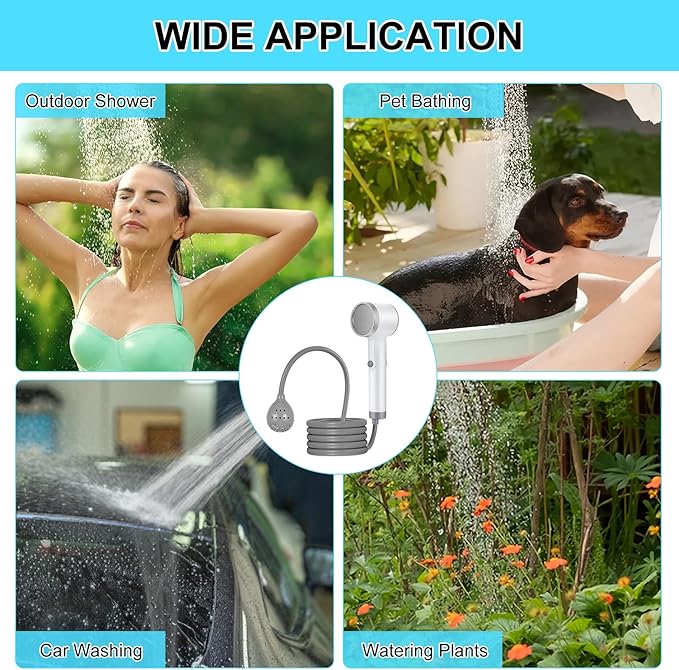 Portable Shower for Camping, Rechargeable Outdoor Shower Pump with Steady Stream, Battery Powered Handheld Shower, Pumps Water from Bucket with 1~2 hours runtime, Travel & Backpacking Essentials