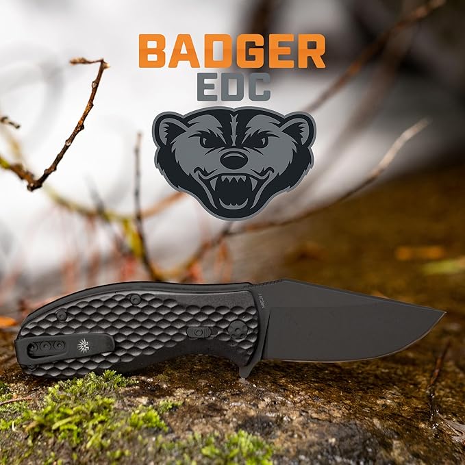 Off-Grid Knives - Badger EDC Folding Knife with Sandvik 14C28N Blade, Ball Bearing Pivot, G10 Scales, Grid-Lock, Ambidextrous Deep Carry Clip (Blackwash)