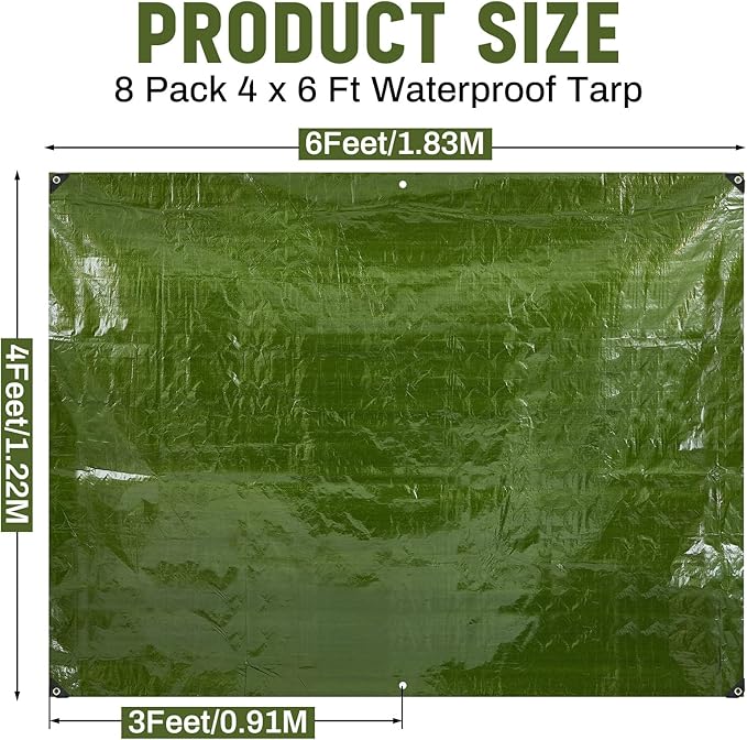 8 Pack 4 x 6 ft 5.5 Mil Small Tarps Heavy Duty Waterproof Tarp Multi Purpose Tent Cover for Home Boats Cars Camping Patio Furniture Roof Emergency Rain Protective Cover, Army Green