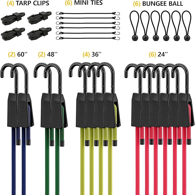 Bungee Cords with Hooks, 30pcs Assortment Heavy Duty Outdoor with 24'' 36'' 48'' 60'' Adjustable Bungee Cords, 8'' J Hooks Cord, 4" Canopy Tarp Ball Ties and Tarp Clips Drawstring Organizer Bag
