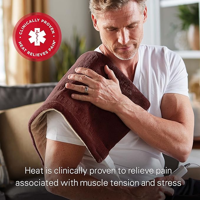 Sunbeam XL Back Neck and Shoulder Heat Therapy 12 x 24 with Auto Shut Off 6 Settings Machine-Washable Comfortable Microplush Fabric - Burgundy
