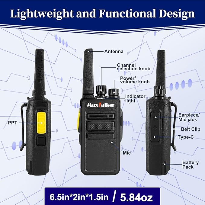 MT12D Walkie Talkies for Adults, Long Range FRS Two Way Radio Rechargeable with Earpiece, 1500mAh USB-C Port Battery, Radios Walkie Talkies 6 Pack for Construction School Camping