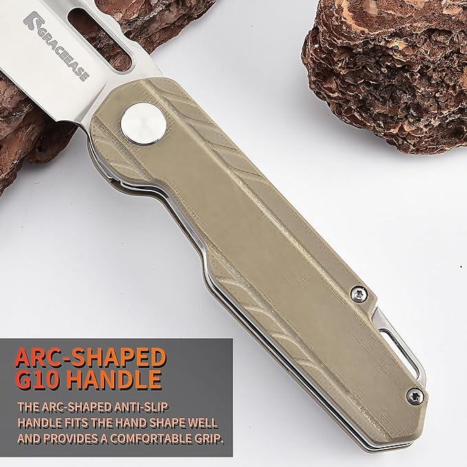 Folding Pocket Knife, 3.34 "D2 Steel BladeBlade G10 Non slip Handle Suitable for Daily Carrying Camping, Hiking, Fishing A-80003-2 (Khaki)