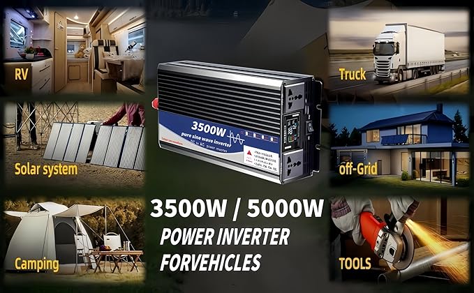 3500W Power Inverter 24V DC to 110V AC Converter with LED Display Dual AC Outlets Dual Fans Radiating for RV, Camp, Boat and Home Emergency Portable Pure Sine Wave Inverter (Smart Screen, 3500W 24V)