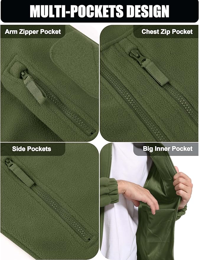 CRYSULLY Men's Fleece Jacket Tactical Full-Zip Winter Coat Jackets Multi Pockets