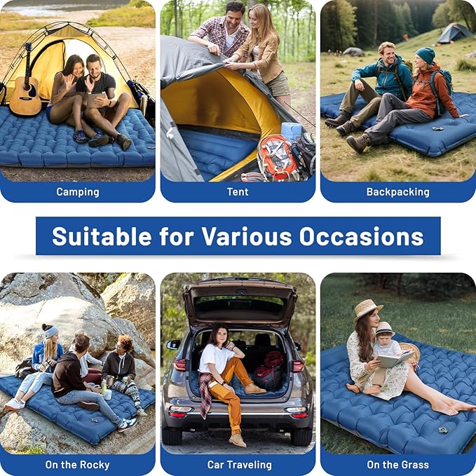 Double Sleeping Pad, 6" Extra Thick Portable Camping Sleeping Pad with Pillows & Built-in Foot Pump, Ultralight Camping Mat for Backpacking, Hiking, Traveling, Tent, Car Camp Gear