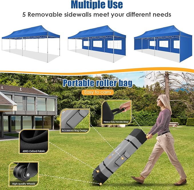 HOTEEL 10x30 Pop up Canopy Tent for Parties, Heavy Duty Easy Setup Tent with 5 Sidewalls, Outdoor Commercial Instant Gazebo for Wedding Event, with Roller Bag & Sand Bags, Blue(Hexagonal Frame)