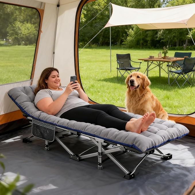 DoCred Oversized XXL Folding Camping Cot with Mattress, Heavy Duty Sleeping Cot Bed Portable Adults Outdoor Bed with Carry Bag, Travel Camp Cots