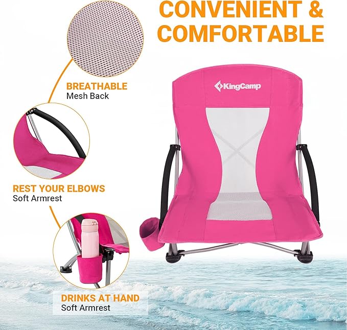 KingCamp Low Beach Chairs, Portable Folding Chair for Adults Extra Wide Ergonomic High Back Seat 300lbs Heavy Duty Lightweight Oversized Gear with Carry Bag for Outdoor Lawn Camping Picnic