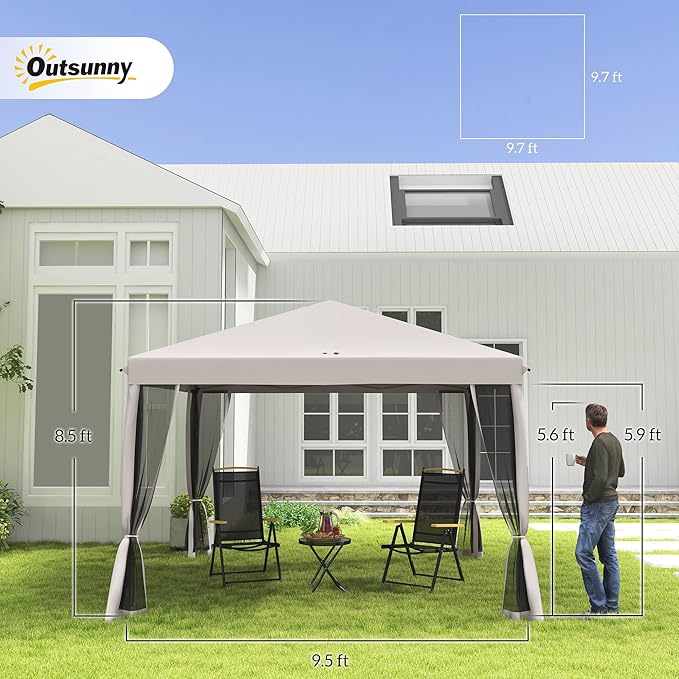 Outsunny 10' x 10' Pop Up Canopy Tent with Netting, Instant Gazebo, Screen House Room with Carry Bag, Height Adjustable, for Outdoor, Garden, Patio, Camping, Beige
