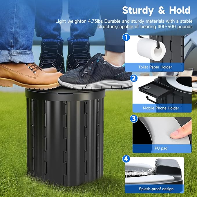 Camping Toilet Portable Potty - Upgraded Comfort Toilet Seat & Urine Splash Guard, Outdoor Foldable Travel Toilet for Camping, Hiking, RV Travel, Road Trips, Car & Truck Drivers