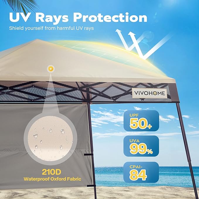 VIVOHOME 8x8ft Pop-Up Canopy Tent with Central Lock Design, Slant Legs, Backpack, and Side Wall, Portable Shelter for Camping, Party, Yard, and Beach Events, Beige