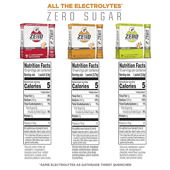 Gatorade G Zero Sports Drink Mix Powder Packets, 3 Flavor Classic Variety Pack, Electrolyte Powder Drink Mix for Hydration, Zero Sugar, Total 30 Packets