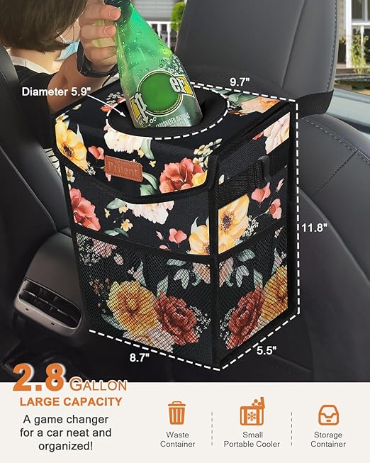 Car Trash Can with Lid, Cute Leakproof Car Trash Garbage Bag Hanging Vehicle Trash Bin Small Portable Automotive Garbage Cans Organizer for Back/Front Seat/Console(2.8 Gallons,Rose)