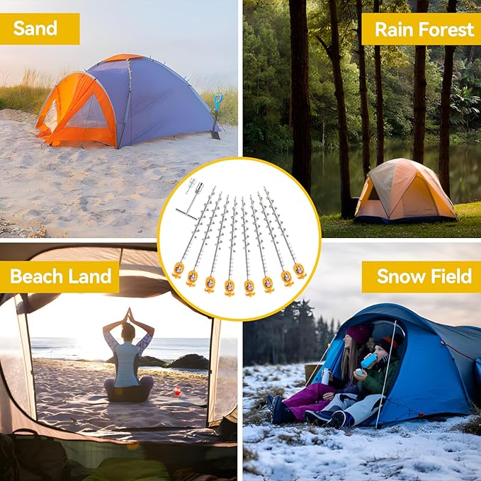 8 PCS Screw in Tent Stakes for Women Men - Ground Anchors for Sand, Canopy, Trampolines, Camping Aluminium Heavy Duty Rust Prevention Pegs Drillable Lightweight Safe - Silvery 14 inch