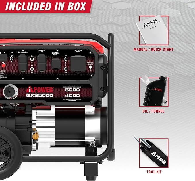 A-iPower 5000-Watt Portable Generator Gas Powered, CO Sensor Shutdown, Heavy Duty Generators with 223cc OHV Engine For Jobsite, RV, Home Backup, Emergency (GXS5000)