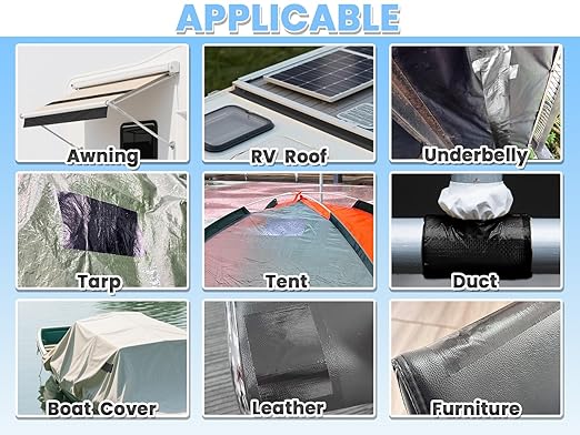 Waterproof Repair Tape for Fabric, Awning, RV Roof, Underbelly, Tarp, Tent, Sail and Boat Cover Outdoor Repair Patch, Heavy Duty, UVproof, Multipurpose Black