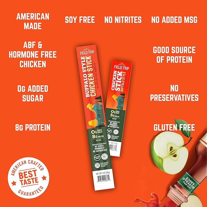 Field Trip Hormone Free Spicy Buffalo Chicken Jerky Snack Sticks, 0 Sugar, Keto, Paleo, Gluten Free, Allergy Friendly Snack, High Protein, 50 Calorie Snack, 1oz, 24 Pack