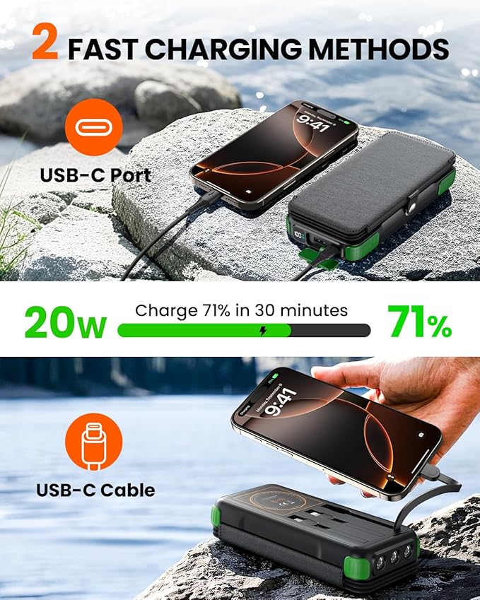 SOARAISE Solar Charger 25000mAh/92500mWh Wireless Portable Charger, 20W Fast Charging Power Bank with Built-in 3 Cables, PD QC 3.0 Phone Battery Pack with 4 Solar Panels & Flashlights for Camping