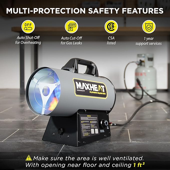 InoKraft MaXheat MH68 68,000 BTU Forced Air Propane Heater, Portable for Garage, Adjustable Liquid Propane Torpedo for Shop, Jobsite, Construction Sites - Hose Regulator 10ft