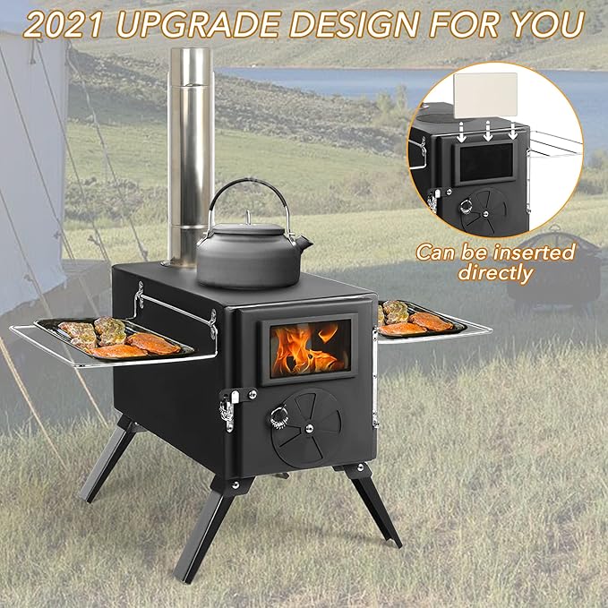 Portable Wood Burning Stove for Camping, Stainless Steel Chimney Pipe, Outdoor Heating & Cooking Hot Tent Stove for Hunting, Ice Fishing & Backpacking