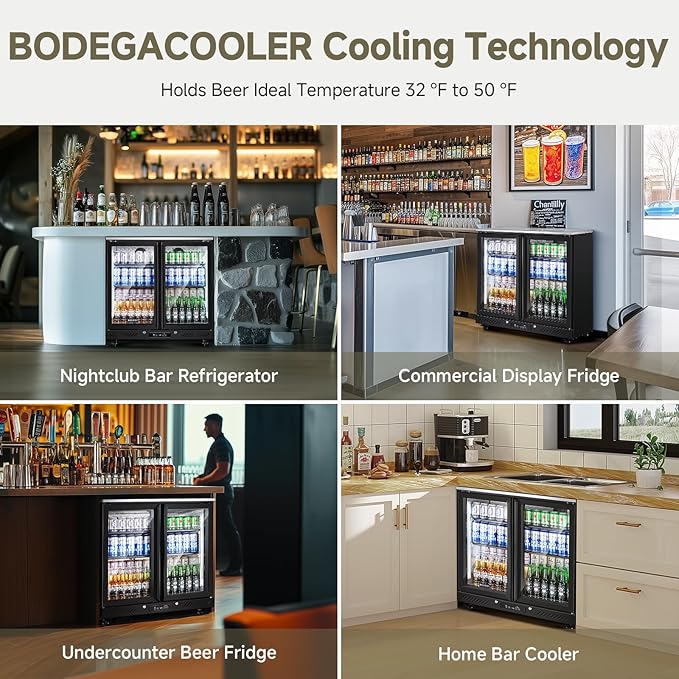 BODEGACOOLER Commercial Beverage Bar Cooler with 2 Glass Doors,7.7 Cu.ft Counter Height Back Bar Refrigerator LED Lighting for Soda Drinks,Beer,Wine with Stainless Steel Top,DOE Approved,4 Casters