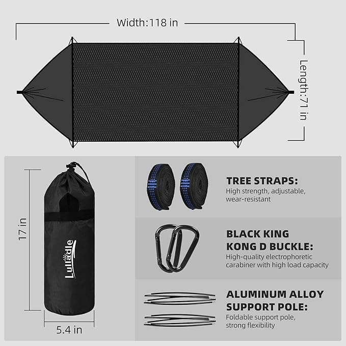 Lulladle Ultralight 2 Person Camping Hammock Mesh House Type Hammock Portable Travel Hanging Hammock 600lbs Durable Parachute Nylon Easy Setup and Pack for Backpacking Hiking Backyard