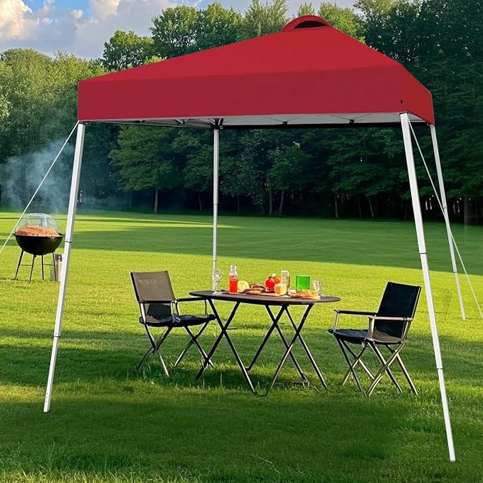 8x8 Top Pop Up Canopy Tent with Central Lock Design, Slant Legs, Backpack, Easy Outdoor Sun Shade for Events, Parties, Camping(Red)