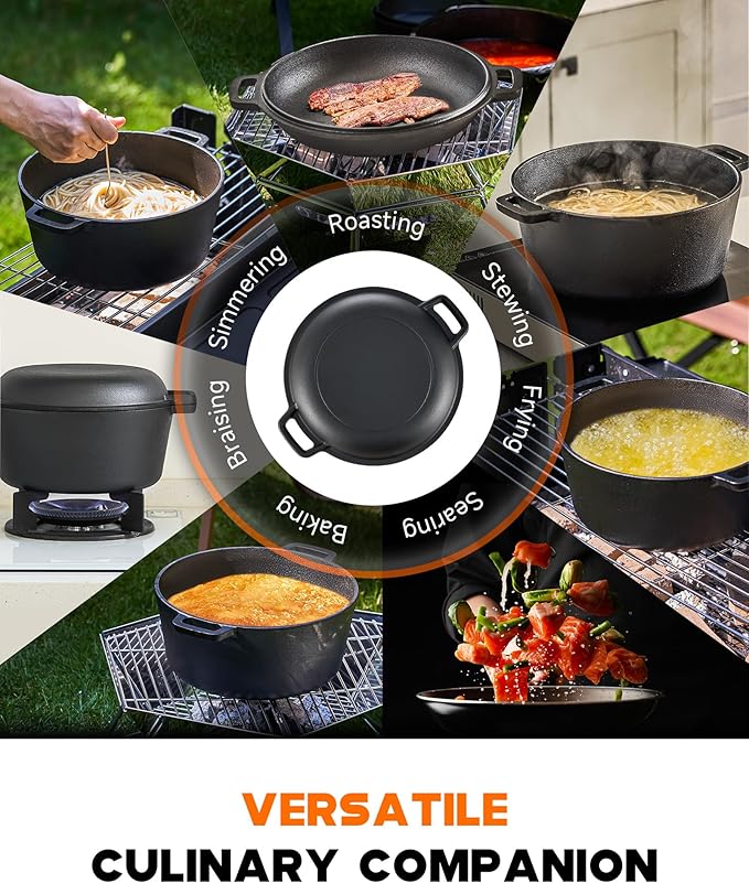 DARTMOOR 2-in-1 Pre-Seasoned Cast Iron Dutch Oven with Lid, 4.8 qt Pot & 10.5 in Skillet Cookware Set with Handles & Lid Lifter, Deep Pot for Baking Stewing Roasting, Indoor & Outdoor Use