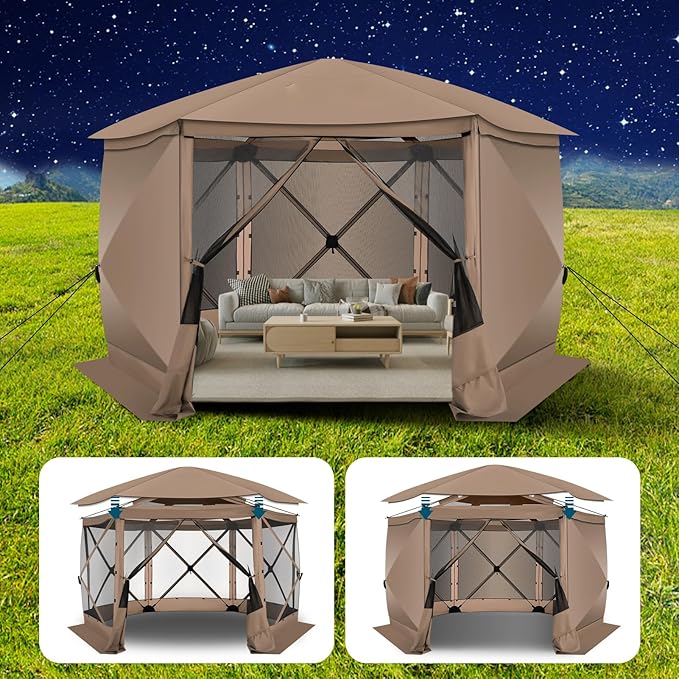 COBlZl 12x12 pop up Gazebo on Clearance Screen Canopy Tent for Camping,Outdoor Instant Stargazing Gazebo,Portable Hub Tent with Removable Sidewalls,Pavilion for Backyard,Khaki