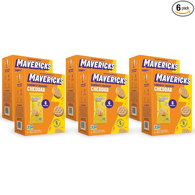 Mavericks Sandwich Crackers Cheddar - Cheese Filled Whole Grain Sandwich Cracker Snack Packs, Non-GMO - Back to School - 6 Boxes (36 Snack Packs)