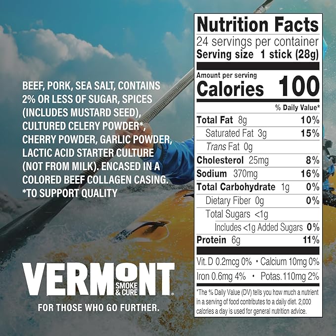 Snack Sticks by Vermont Smoke & Cure – Original Flavor – Beef & Pork – Healthy Meat Protein – 1oz Jerky Stick – 24 count carton