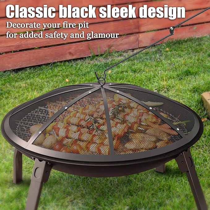 Fire Pit Spark Screen, 30Inch Fire Pit Lid Outdoor with Handle & Poker, Heavy-Duty Mesh Firepit Cove, 12 Reinforced Bars for Backyard/Beach/RV Camping