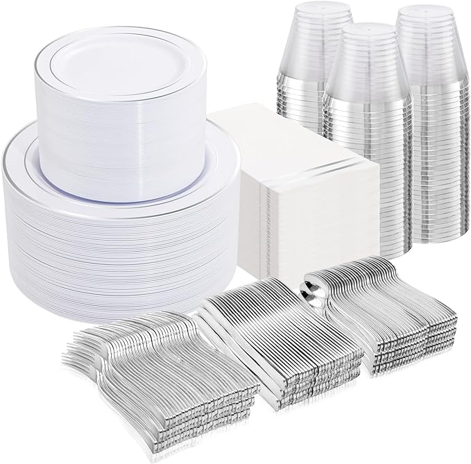 NOCCUR 700PCS Silver Plastic Plates Disposable for 100 Guests - Include 100 Dinner/Dessert White Plastic Plates with Silver Trim,300 Cutlery,100 Cups,100 Napkins for Party&Christmas