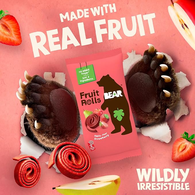 BEAR Real Fruit Snack Rolls - Gluten Free, Vegan, and Non-GMO - Strawberry – 36 Rolls, Healthy School And Lunch Snacks For Kids And Adults, 0.7 Ounce (Pack of 18)