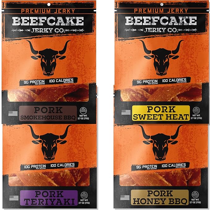 BEEFCAKE Jerky Pork Lover Variety Pack, Includes Beef Jerky Sweet Heat, Teriyaki, Honey BBQ & Smokehouse, 9 Gram of Protein & 100 Calories 2.7 Oz | Pack of 4