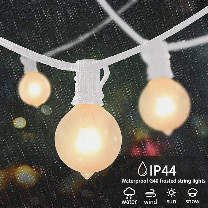 25Ft Outdoor White Frosted String Lights with 27 G40 Frosted Bulbs,E12 Socket Base,Waterproof Connectable Hanging Lights for Backyard Wedding Porch Bistro Party Valentine's Day Decor,White Wire