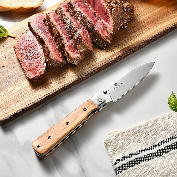 4.5-Inch Folding Kitchen Knife with Ultra Sharp 440A Stainless Steel Blade and Natural Olive Handle for BBQ, Peeling, Outdoor Camping