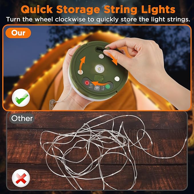 Retractable Camping String Lights, 33FT 3000 mAh Rechargeable 4 in 1 Tent Lights String with 9 Modes, Outdoor Portable Camper Lighting Waterproof, Camp Lamp for Party, Yard, Hiking Essentials
