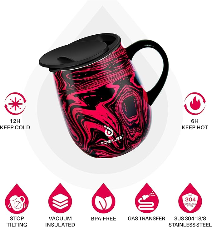 Ideus 16 oz (470 ml) Insulated Coffee Mug with Handle and Lid, Double Wall Stainless Steel Vacuum Thermal Coffee Mug, Travel Coffee Cup Thermal Cup for Home and Office (Red Zebra)