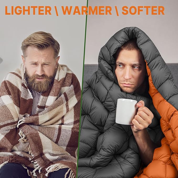 Down Puffy Blanket for Car Camping Outdoor Travel Backpacking, Duck Down Lightweight Portable Soft Warm Cozy Camping Blanket Quilt, Light Gray