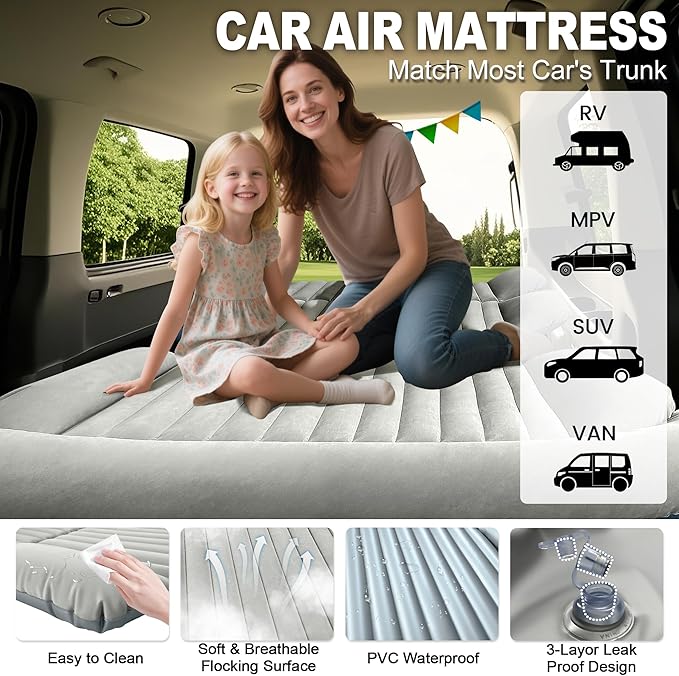 SUV Air Mattress, Thickened Car Air Mattress, SUV Mattress for Truck, Double-Sided Inflatable car Bed with 2 Pillows & Air Pump, Car Camping Mattress Back Seat, Inflatable Bed for Suvs