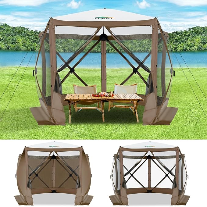 COBIZI 10x10ft Pop up Gazebo Screen House Tent for Camping, Pop-up Camping Canopy with Sidewalls,Portable Outdoor Quick-Set Hub Tent with Carrying Bag&Ground Stakes,Brown(Upgraded 2.0)