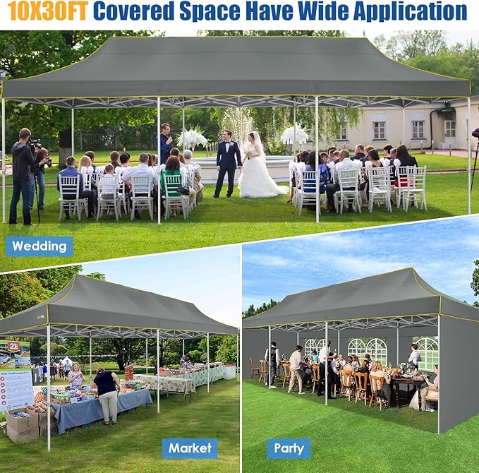 HOTEEL 10x30 Pop up Canopy Tent for Parties, Heavy Duty Easy Setup Tent with 5 Sidewalls, Outdoor Commercial Instant Gazebo for Wedding Event, with Roller Bag & Sand Bags, Grey(Hexagonal Frame)